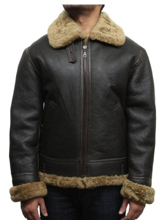 Real Shearling Sheepskin Flaying Black Leather Jacket