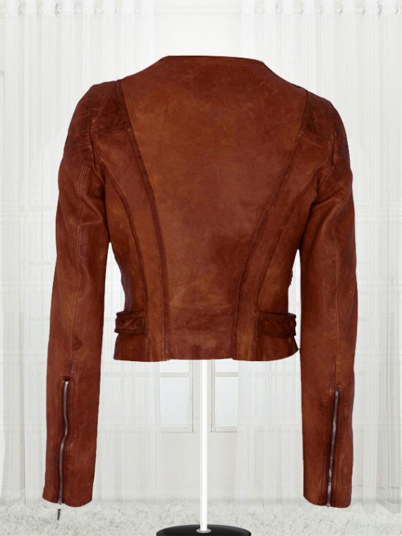 Ashley Benson Collarless Tan Leather Jacket - Image 2