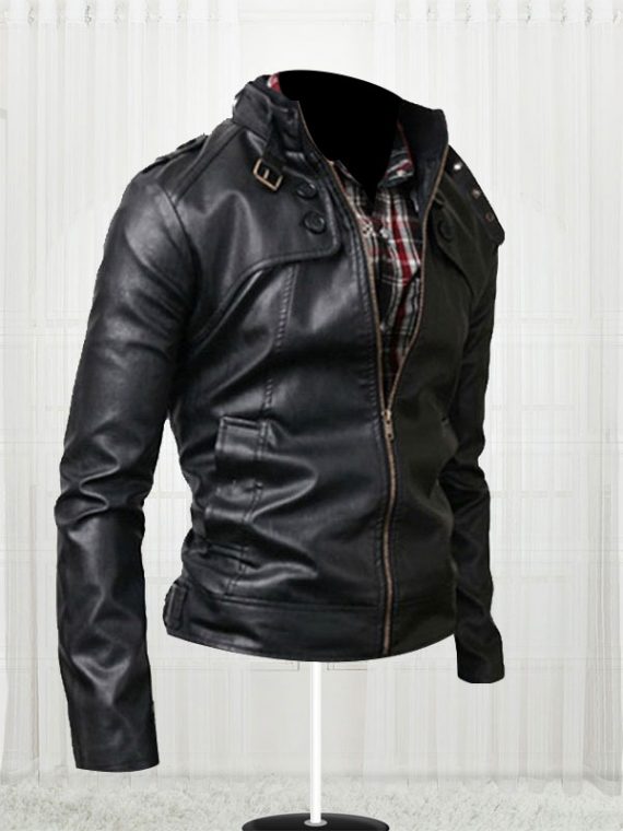 Black Button Pocket Style Leather Jacket - Image 3