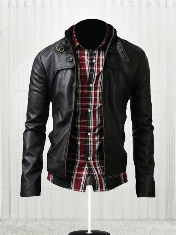 Classic Black Button Pocket Leather Jacket