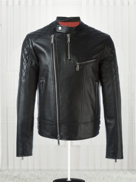 Quilt Sleeved Stylish Black Leather Jacket