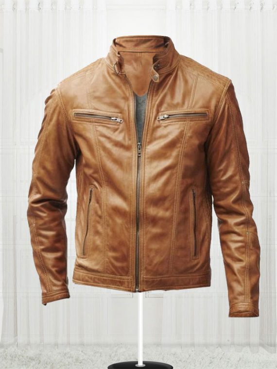 Slim Fit Bikers Men's Tan Brown Leather Jacket