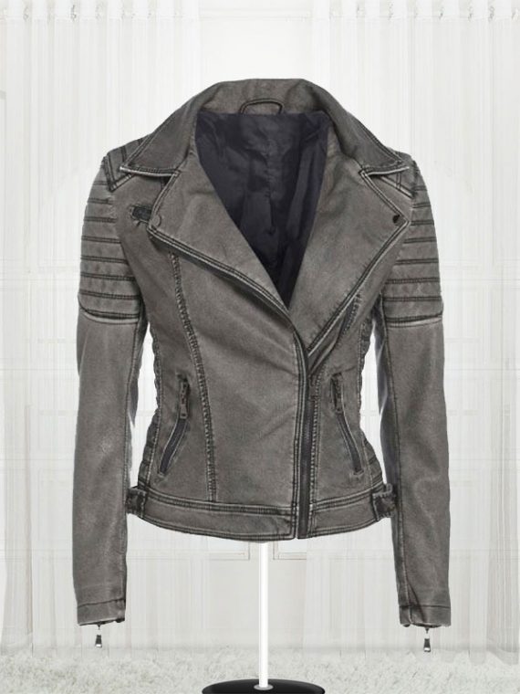 Women's Antique Stylish Biker Leather Grey Jacket