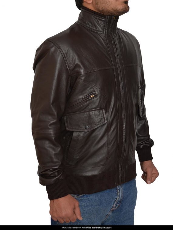 6 Pocket Slim Fit Bomber Black Leather Jacket