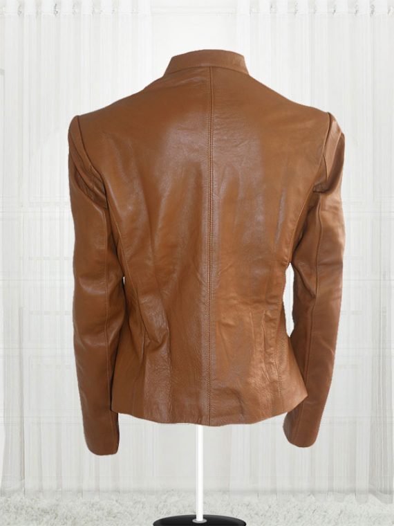 Women Brown Front Zip Leather Jacket