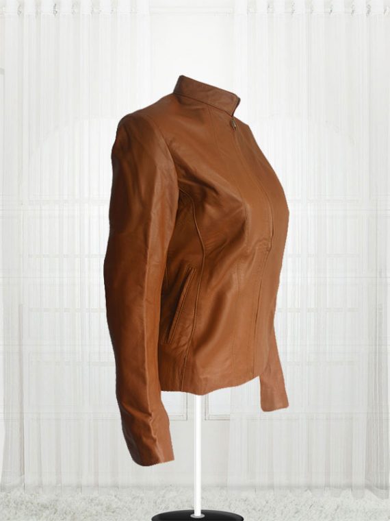 Women Brown Front Zip Stylish Leather Jacket