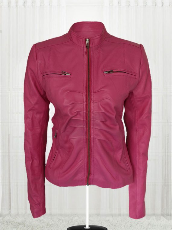 Women Pink Color 4 Pockets Leather Jacket