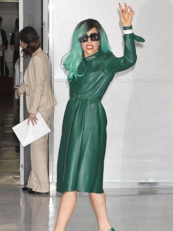 Super Marvelous Lady Gaga Green Trench Leather Coat