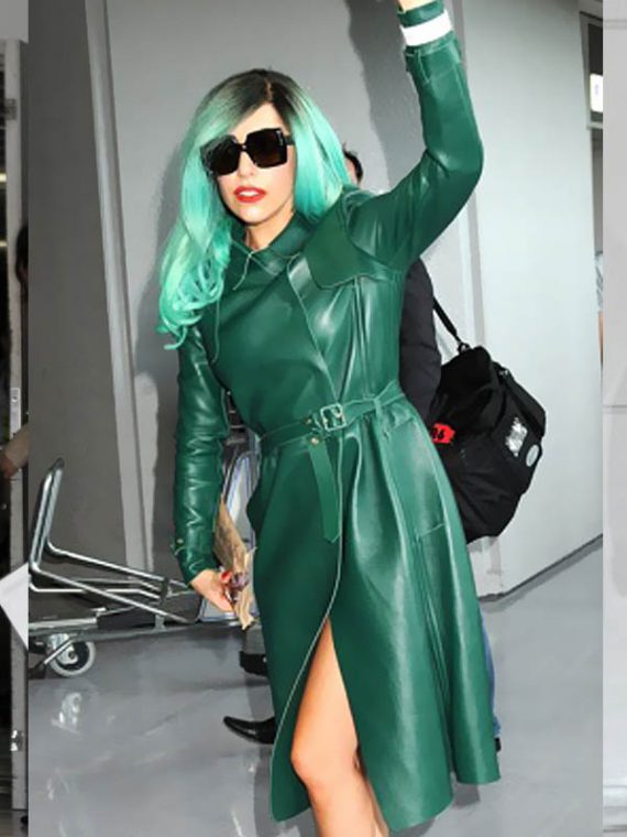 Super Marvelous Lady Gaga Green Trench Leather Coats