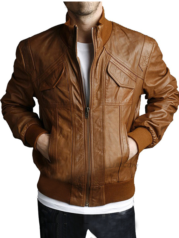 4 Pockets Slim Fit Bomber Leather Jacket