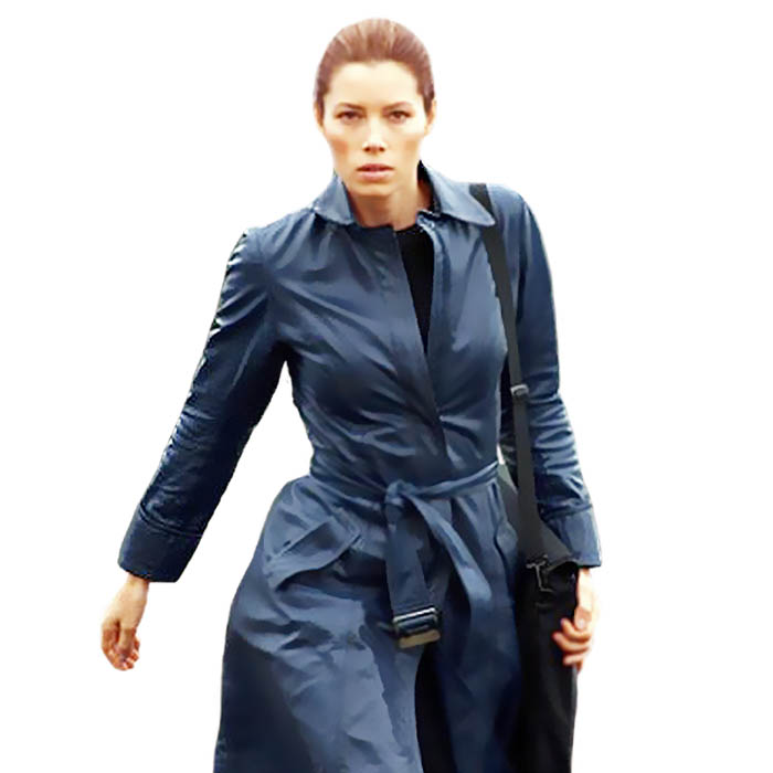 A Team Jessica Biel Navy Blue Long Leather Coat