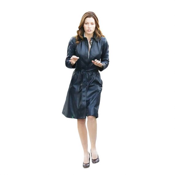 A Team Jessica Biel Navy Blue Long Leather Coats