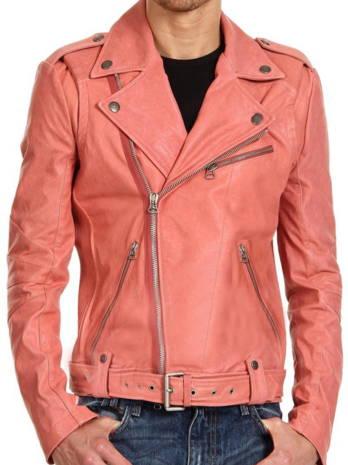 Double Breasted Studded Peach Slimfit Belted Biker Jacket