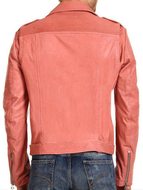 Double Breasted Studded Peach Slimfit Belted Biker Jacket - Image 2