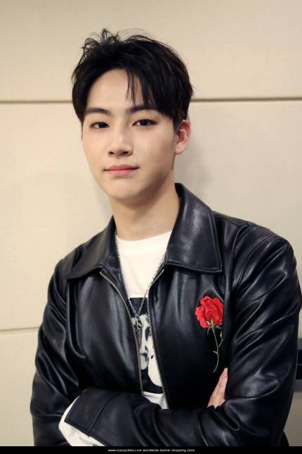 Jaebum wearing 17SS red rose Leather Jacket.