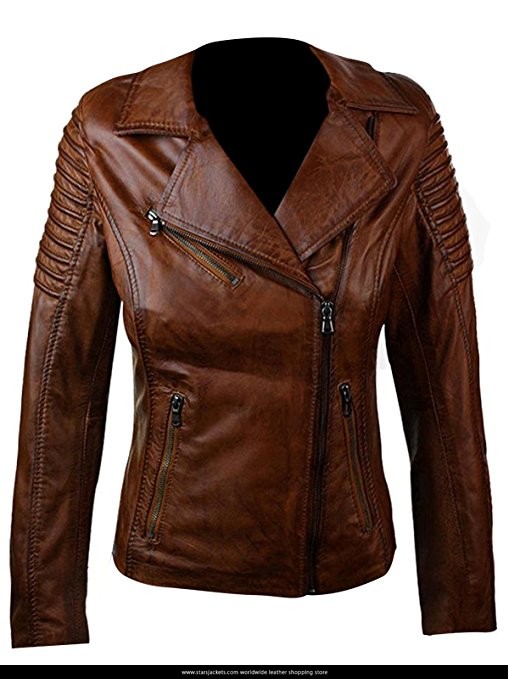 New Woman's Slim & Fit Brown Genuine Real Leather Biker Jacket