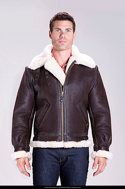 Classic B-3 Sheepskin Leather Bomber Brown Jacket