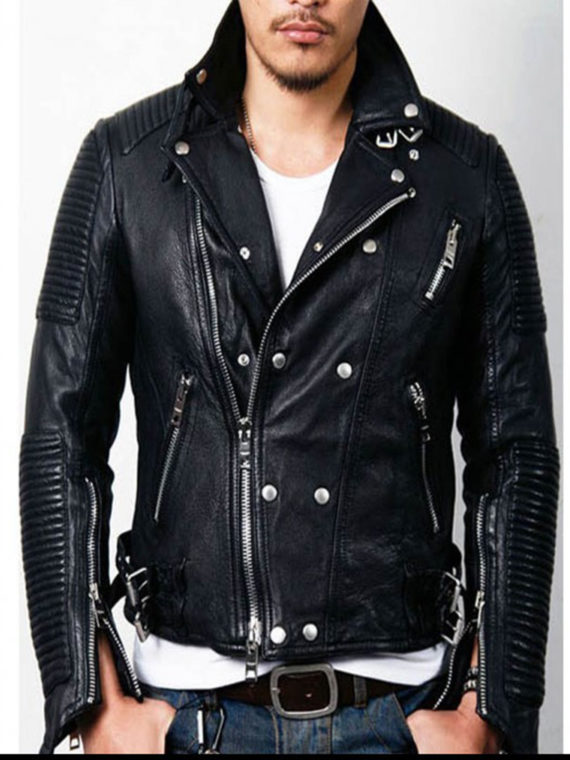 Men's Black Double Breasted Stud Detailing Biker Jacket