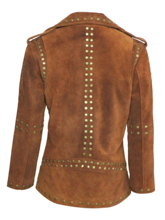 Women Brown Silver Studded Brando Leather Jacket - Image 2