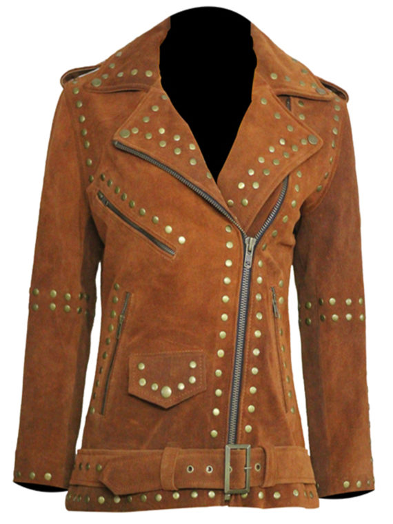 Women Brown Silver Studded Brando Leather Jacket