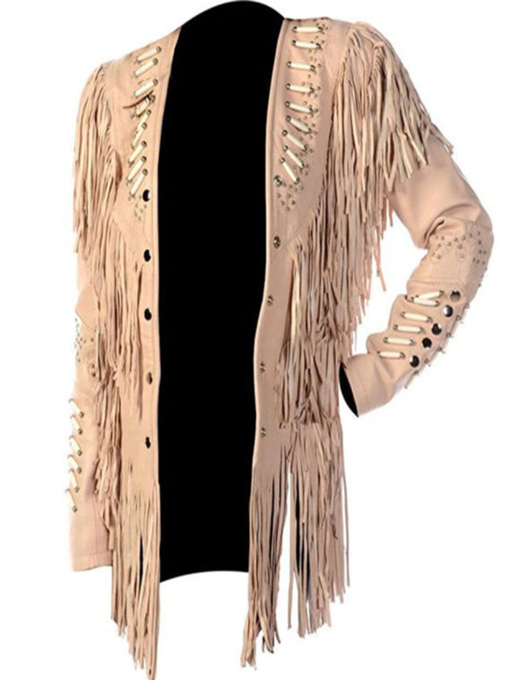 Women Western With Fringes Beads And Bones Jacket