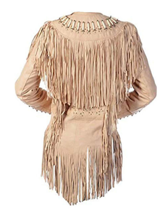 Women Western With Fringes Beads Bones Jacket