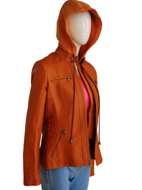 Women’s Removable Hooded Brown Leather Jacket