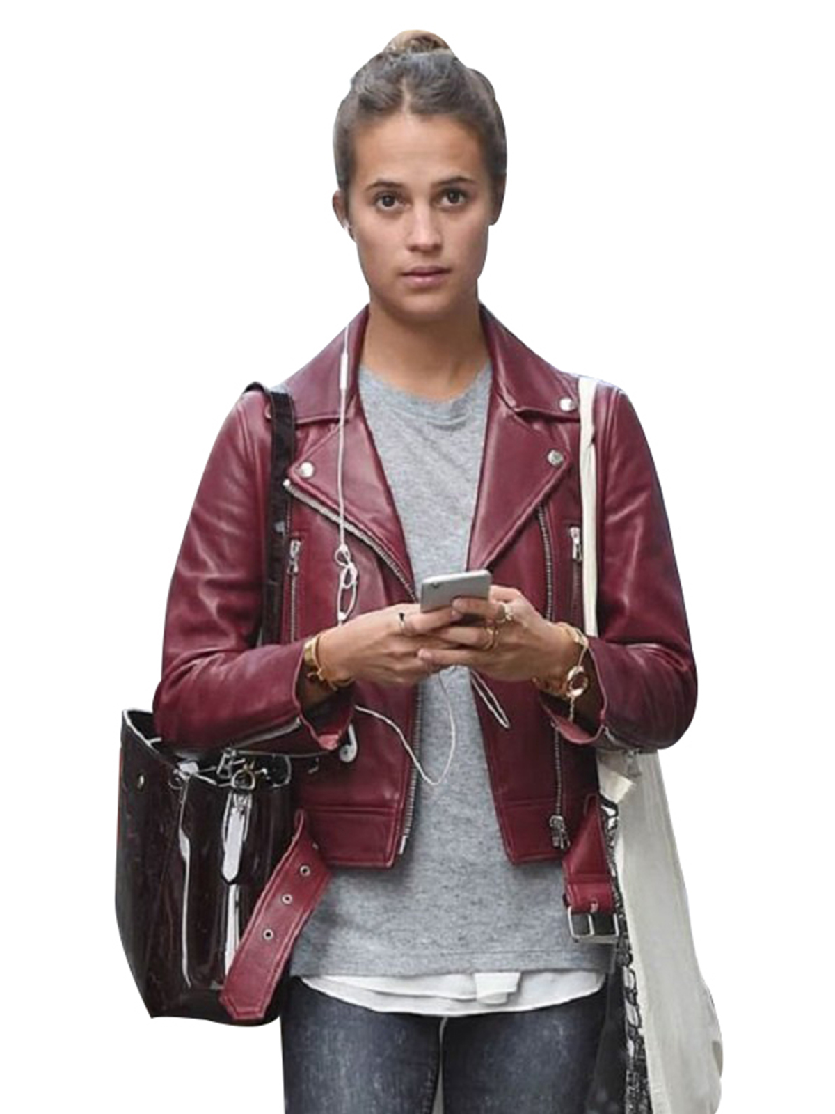 Alicia Vikander Stylish Brown Leather jacket