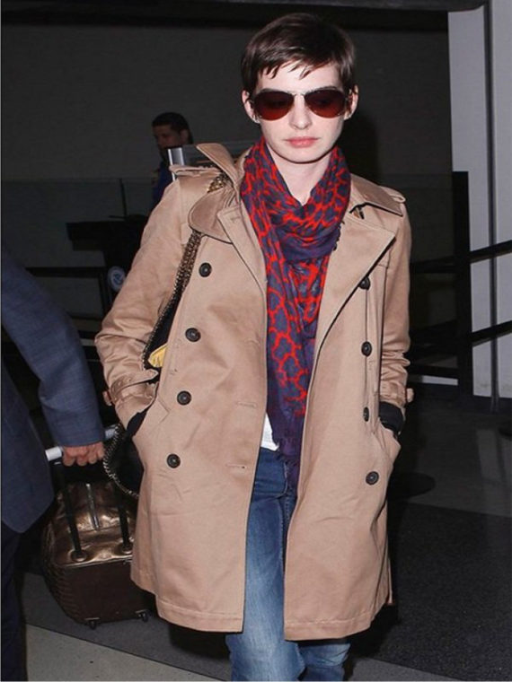 Anne Hathaway Double Breasted Trench Long Coat