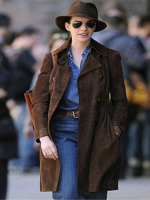 Anne Hathaway Suede Brown Leather Coat