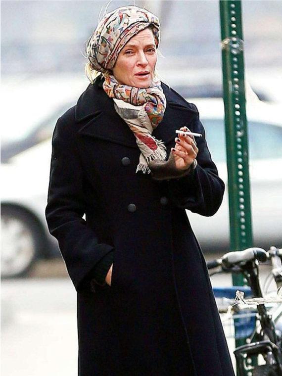 Uma Thurman Double Breasted Trench Black Coat