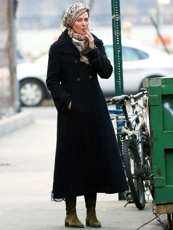 Uma Thurman Double Breasted Trench Long Coat