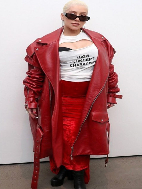 Christina Aguilera Red Leather Trench Coat