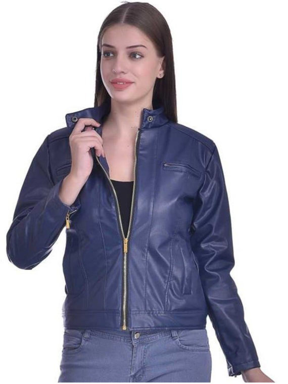 Christy World Solid Women’s Stylish Blue Leather Jacket