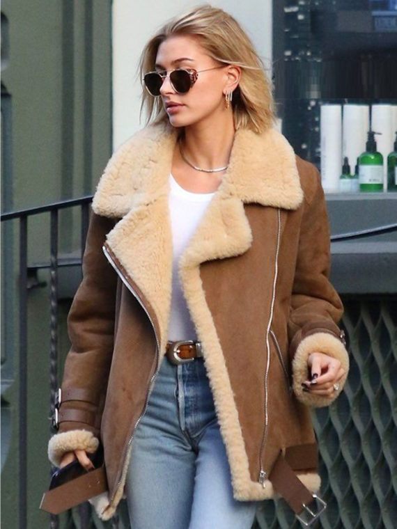 Hailey Baldwin Brown Suede Shearling Jacket