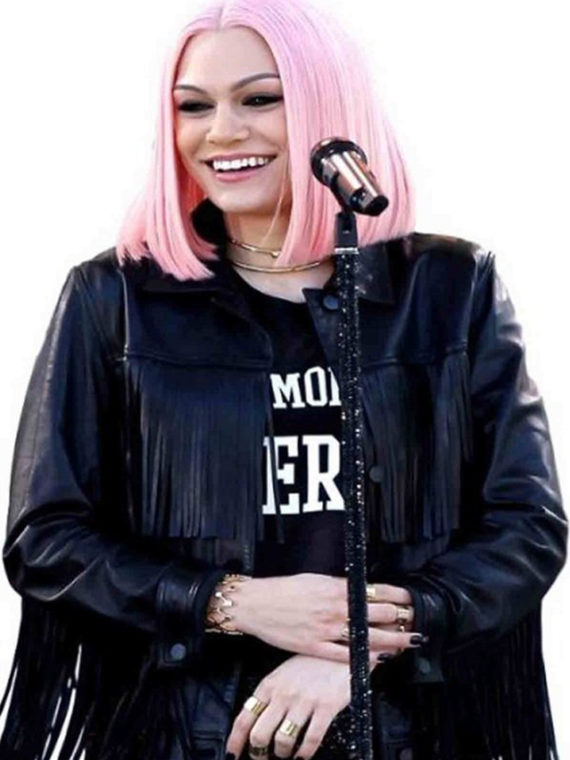 Jessie J Fringe Black Leather Jacket