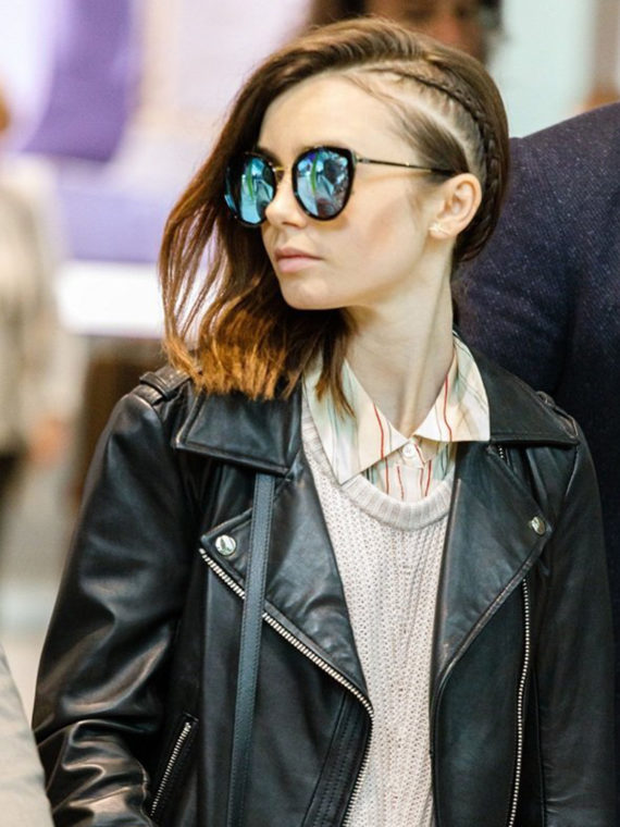 Lily Collins Biker Leather Jacket