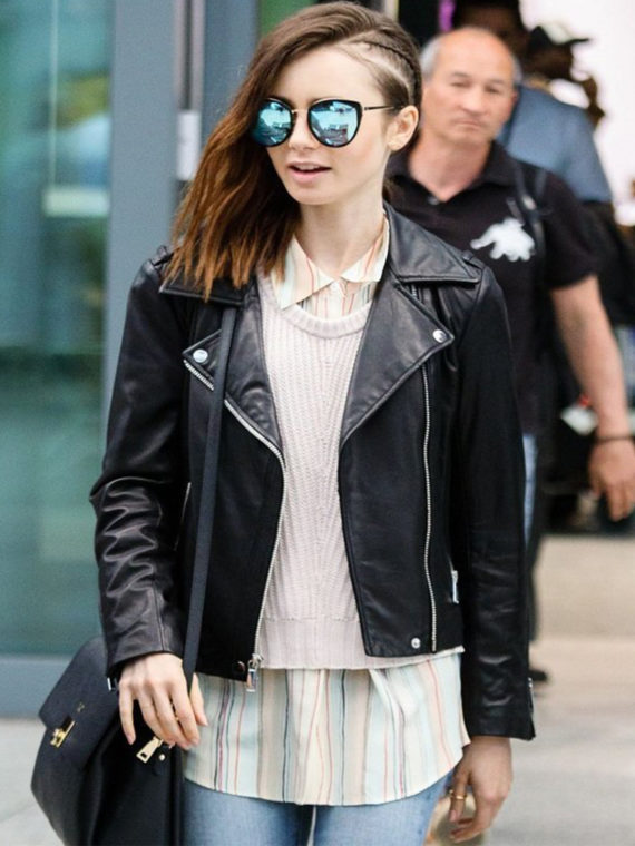 Lily Collins Brando Biker Leather Jacket