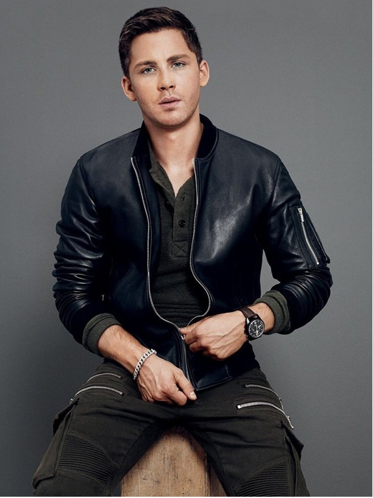 Logan Lerman Bomber Black Leather Jacket