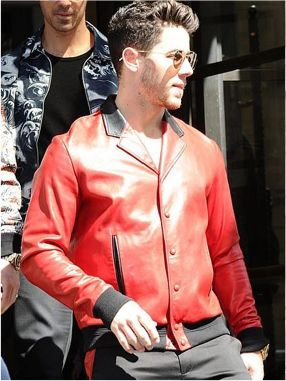 London Visit Nick Jonas Red Genuine Leather Jacket - Image 2