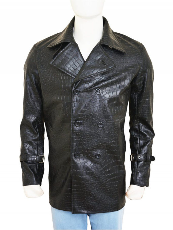 Men Alligator Design Black Coat