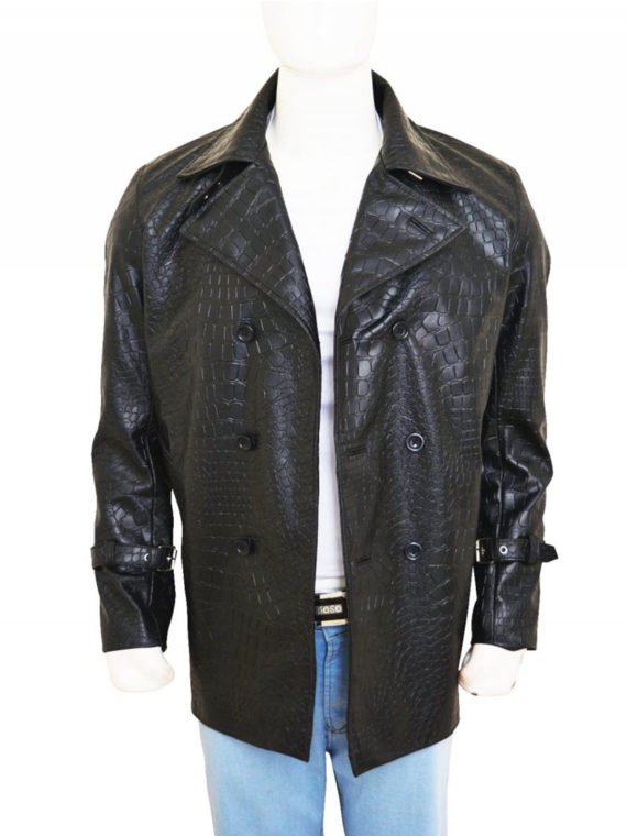 Men Alligator Design Black Leather Coat