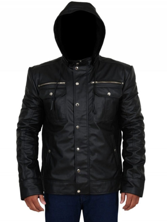 Mens Black Leather Hoodie Jacket