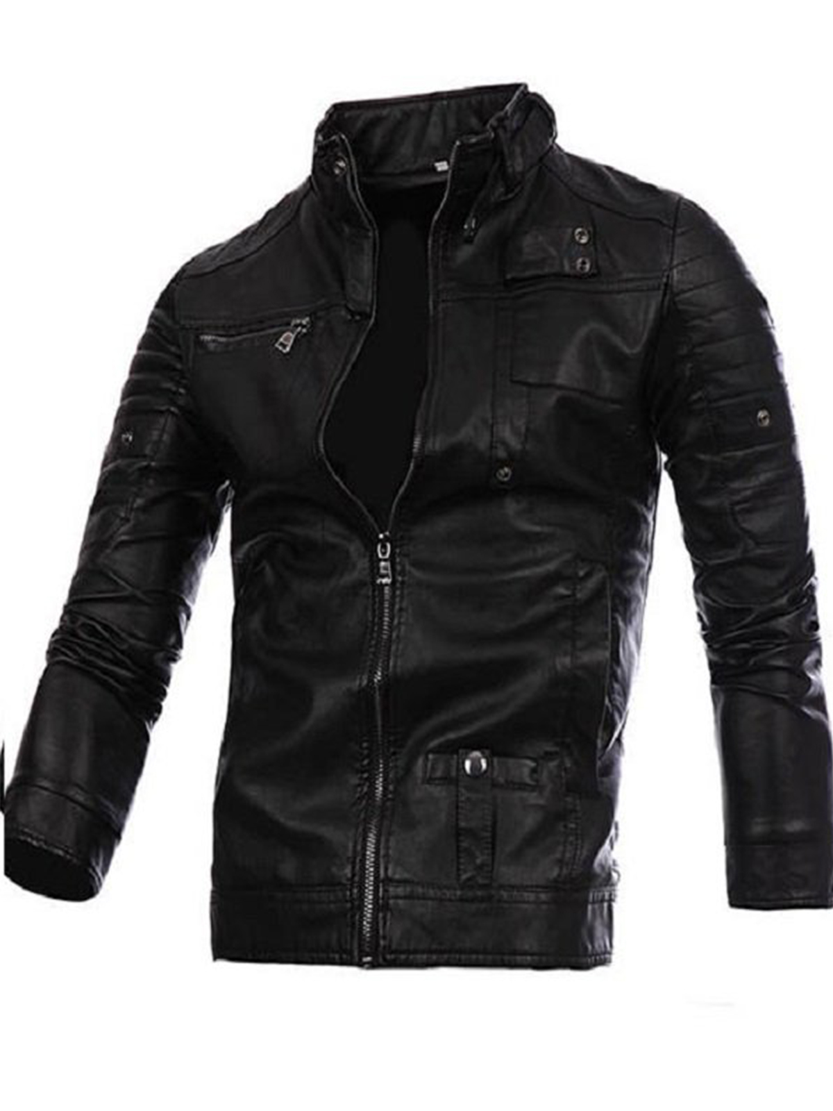 Mens Fashion Black Stitching Collar Biker PU Jacket