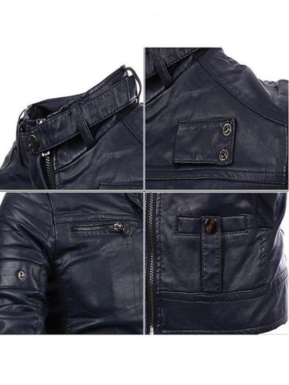 Mens Fashion Black Stitching Collar Biker PU Leather Jacket