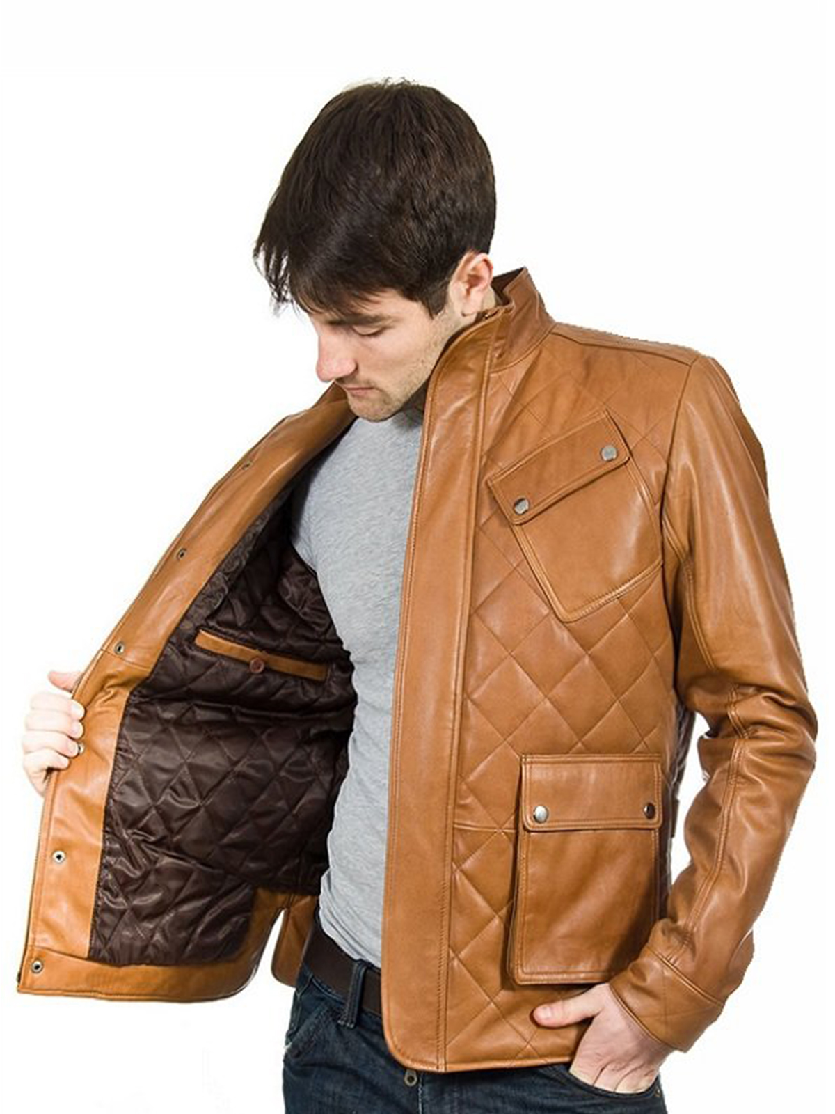 Men’s Quilted Stitch Tan Brown Leather Jacket