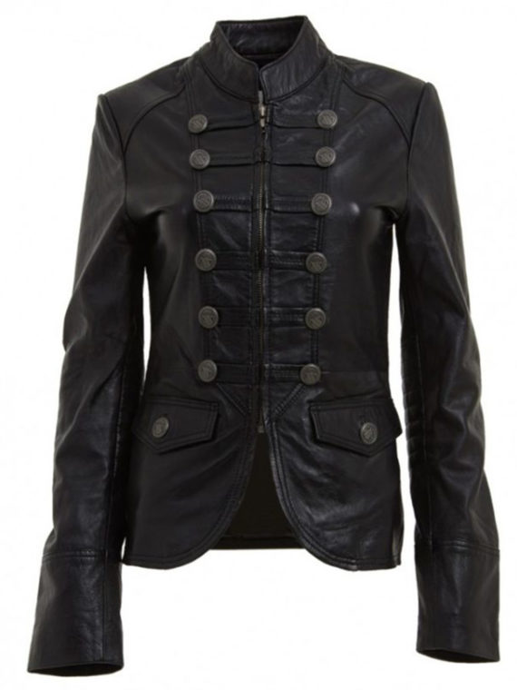 Military Style Womens Black Leather Blazer Jacket