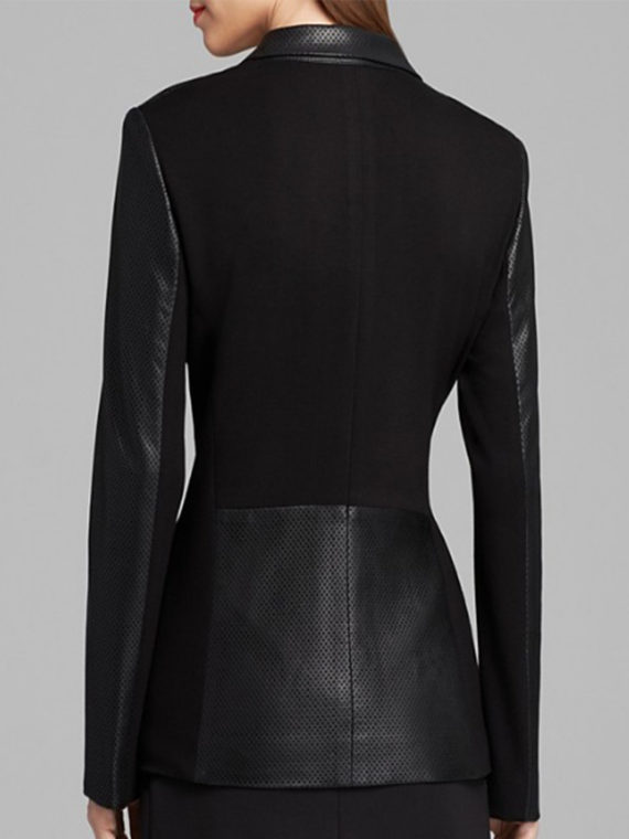 Notch Collar Perforated Black Leather Blazer