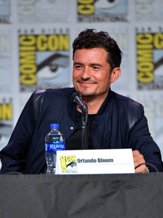 Orlando Bloom Navy Blue Jacket at Comic Con for Carnival Row