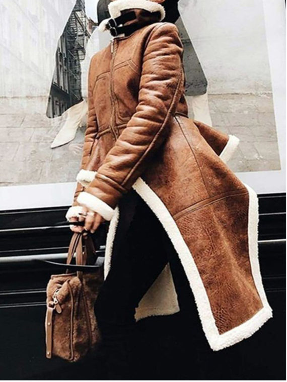 Real Leather Turtleneck Brown Coat With Fur